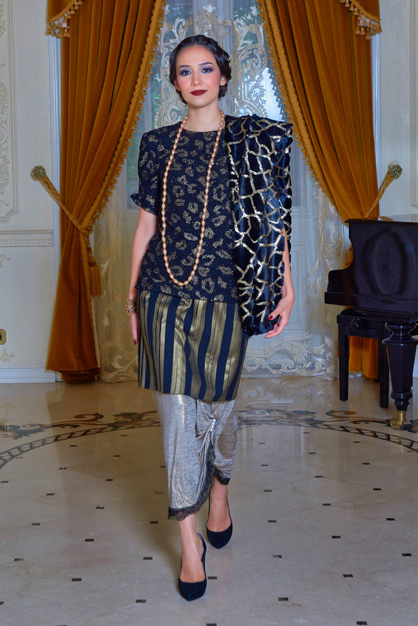 Fusta plisata negru cu auriu  Liza Panait Liza Panait Online Boutique